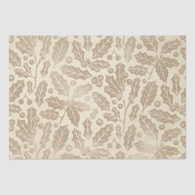 Papier Mousseline Noël champagne : Feuilles et baies sèches (Recto)