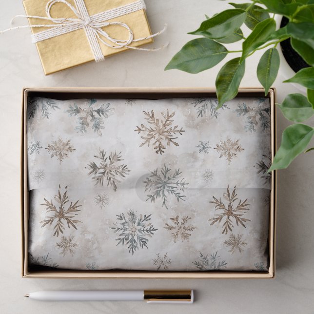 Papier Mousseline Noël Flocons de Neige Bleu Marron Crème (Cadeau)