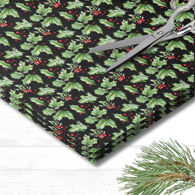 Papier Mousseline Noël Holly Berry (Modern Festive Black Holly Berries Christmas Tissue Paper)