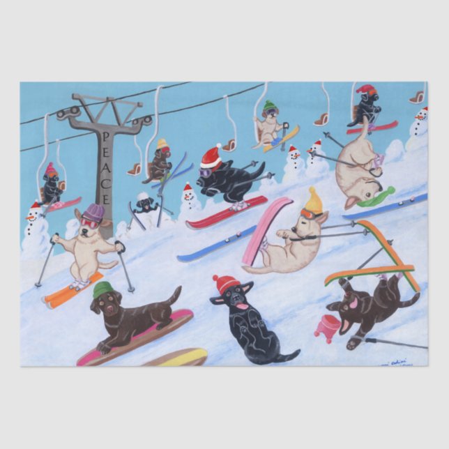 Papier Mousseline Noël Labradors de ski d'amusement d'hiver (Recto)
