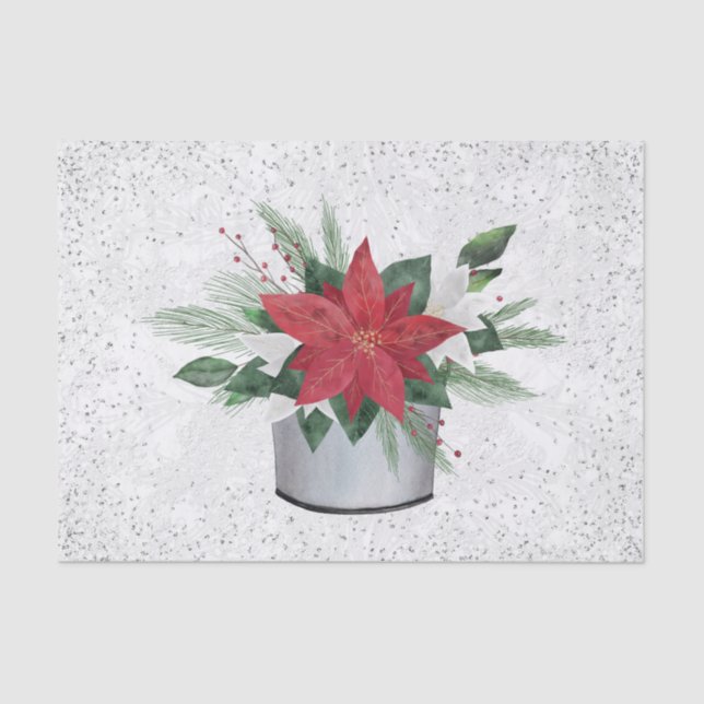 Papier Mousseline Noël Poinsettia Argent Rouge Confetti (Recto)