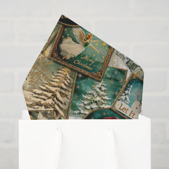 Papier Mousseline Noël Rétro Vintage : Collage Vert (Sac cadeau)