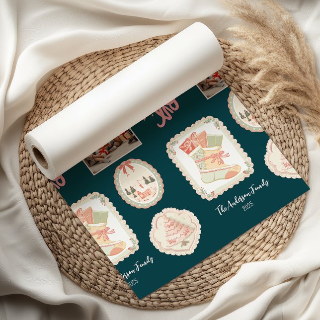 Papier Mousseline Noël Rose Vert Rétro (Créateur téléchargé)