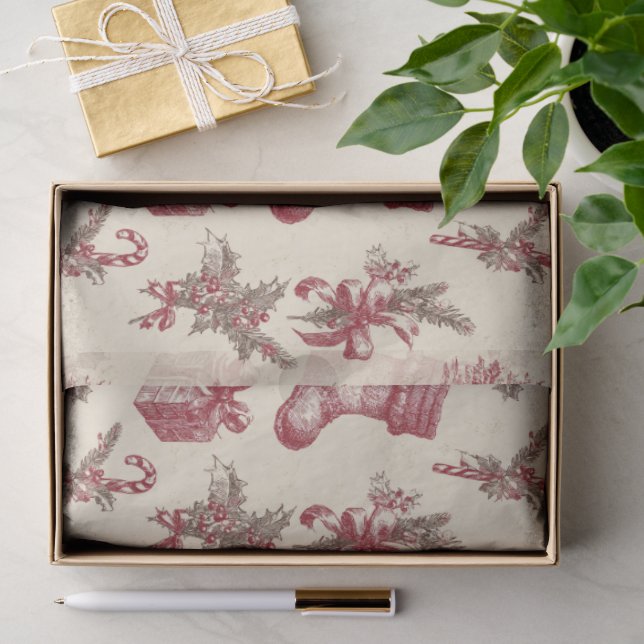 Papier Mousseline Noël Rouge Vintage  (Cadeau)