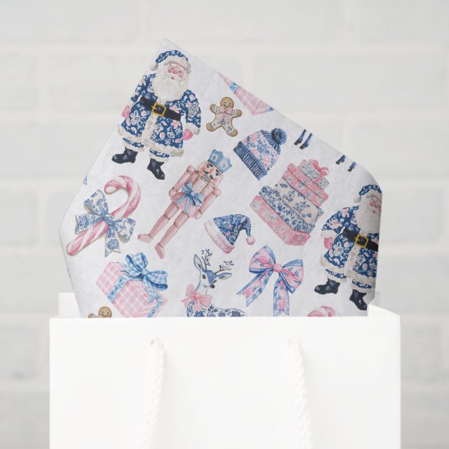 Papier Mousseline Noël Toile bleu et rose (Sac cadeau)