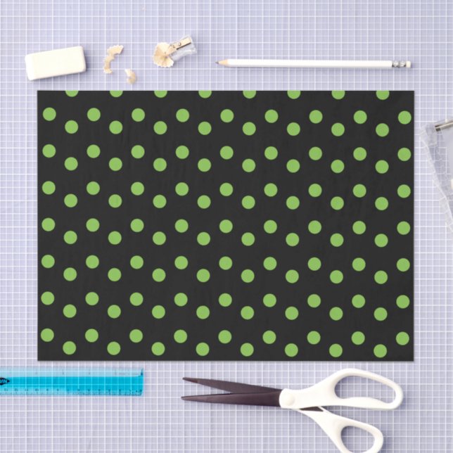 Papier Mousseline Noir avec pois verts (Artisanat)