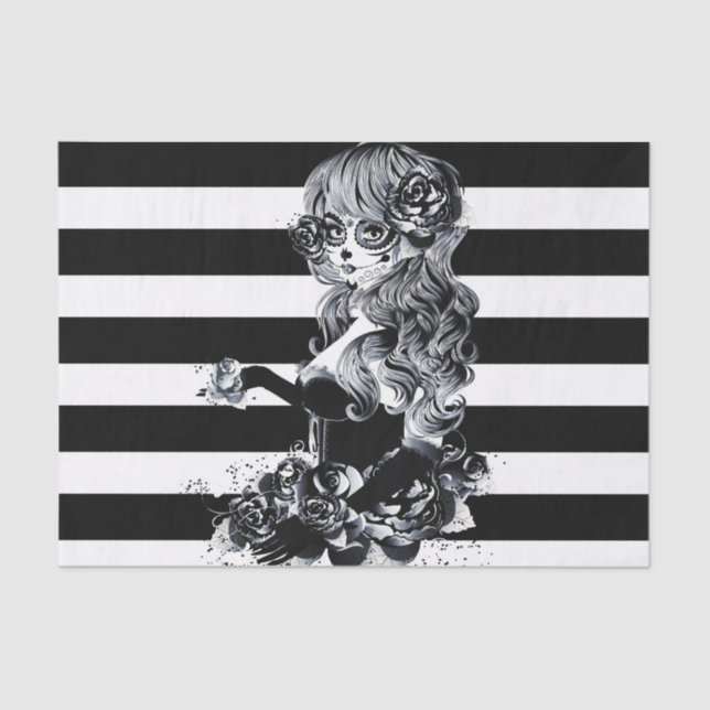 Papier Mousseline Noir & Blanc Striped Joli Crâne de sucre fille (Recto)