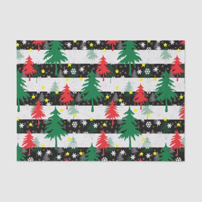 Papier Mousseline Noir Blanc Stripes Neiges Rouge Vert Arbres (Recto)