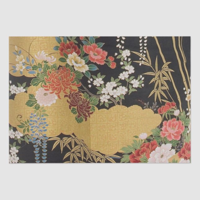 Papier Mousseline Noir et or Japonais Kimono Floral Decoupage (Recto)