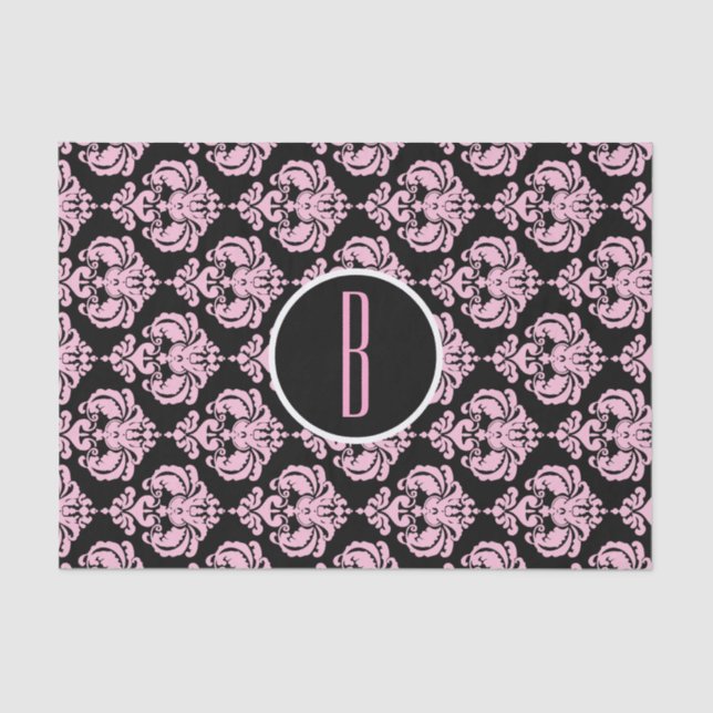 Papier Mousseline Noir et rose glam damas monogramme lettre initiale (Recto)