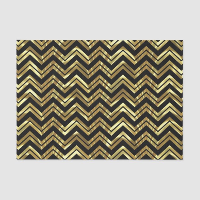Papier Mousseline Noir & Faux Or Zigzag Chevron Motif géométrique (Recto)