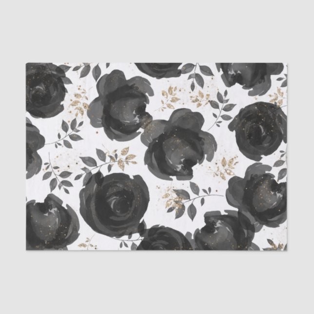 Papier Mousseline Noir Or Floral Glam Feuilles De Mariage (Recto)