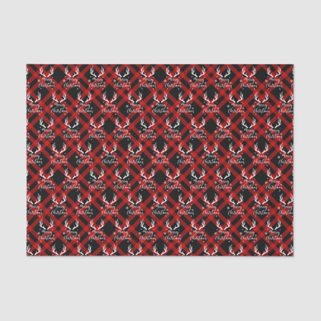 Papier Mousseline Noir Rouge Buffle Plaid Deer Antlers Noël (Recto)
