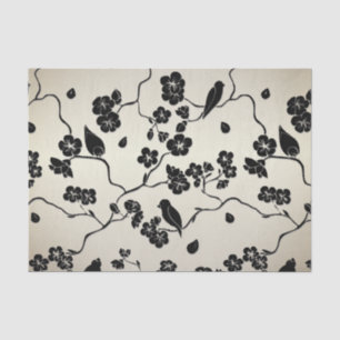 Papier Mousseline Noir sur les oiseaux Motifs de bronze et fleurs de
