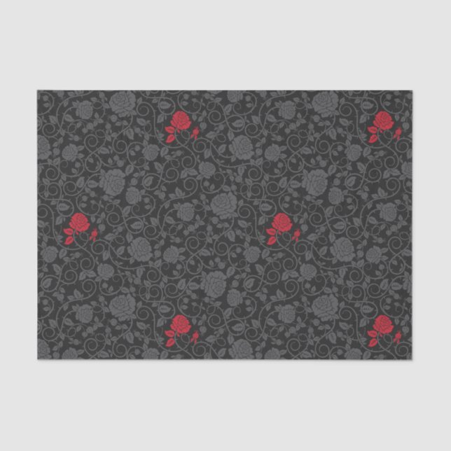 Papier Mousseline Noir sur Noir Rouge Rose moderne Damas Floral (Recto)