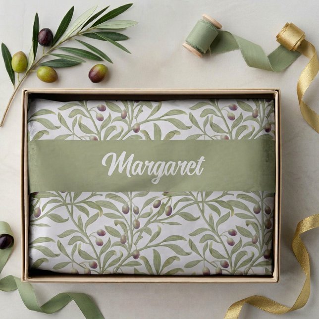 Papier Mousseline Nom de branche d'olivier Monogramme Vert sauge (Olive Branch Name Monogram Sage Green Tissue Paper)