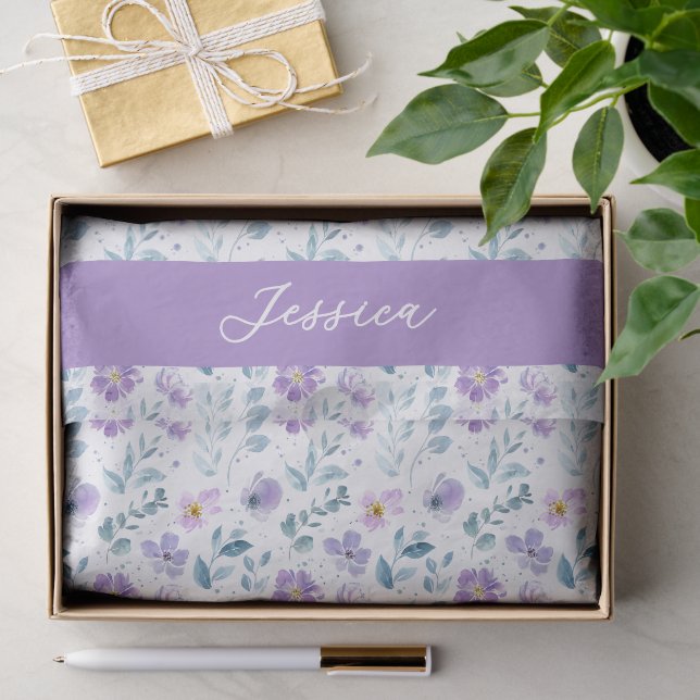 Papier Mousseline Nom de fleur sauvage aquarelle violet vert (Cadeau)