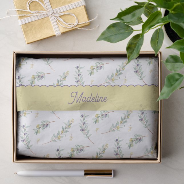 Papier Mousseline Nom de monogramme de branche d'olive vert sauge (Cadeau)