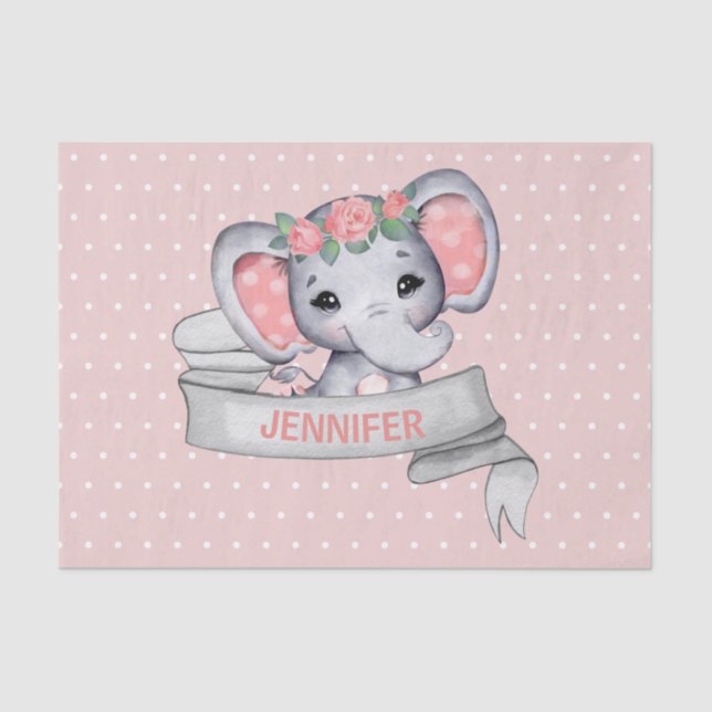 Papier Mousseline Nom personnalisé Elephant Baby Girl Rose & Grey (Recto)