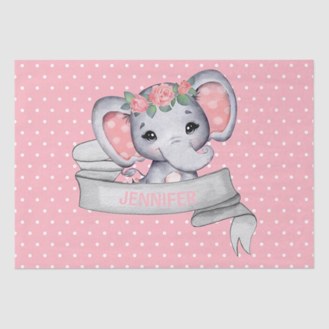 Papier Mousseline Nom personnalisé Elephant Baby Girl Rose & Grey (Recto)