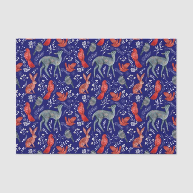 Papier Mousseline Nordique Blue Deer Rabbit Bird Floral Aquarelle (Recto)