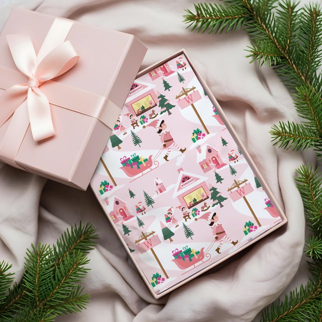 Papier Mousseline North Pole Elf Workshop Santa Claus Pink Village (North Pole Elf Workshop Santa Claus Pink Village Tissue Paper)