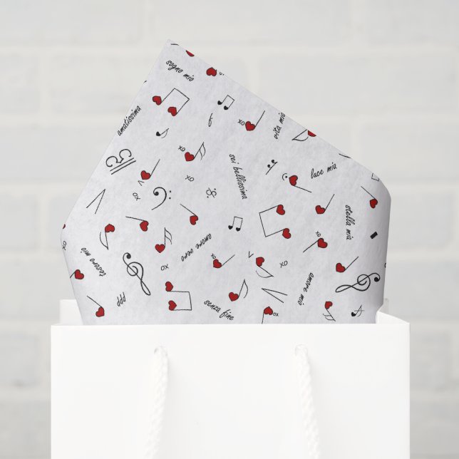 Papier Mousseline Notes d'amour Cœur rouge Notation musicale (Sac cadeau)