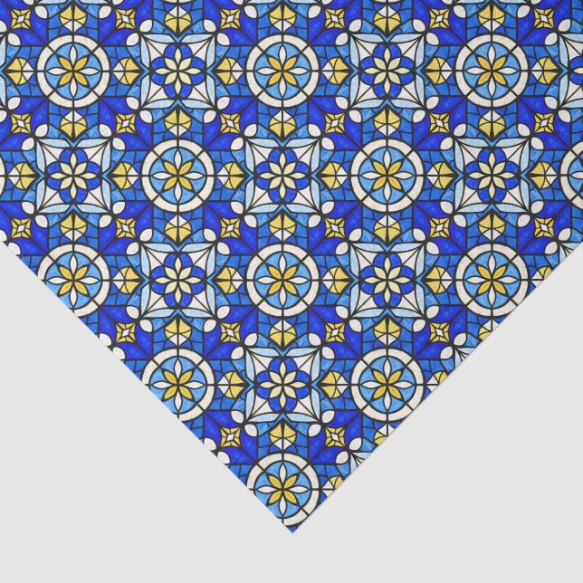 Papier Mousseline Nuances de bleu et de jaune de style vitrail (Détail)