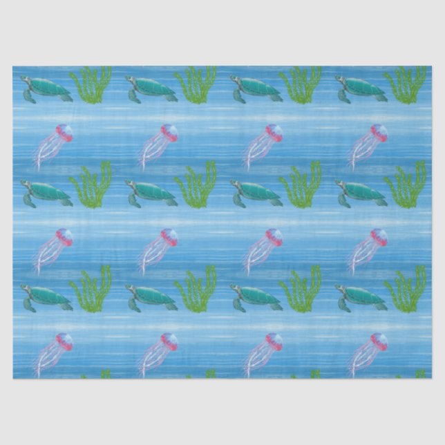 Papier Mousseline Océan avec Tortue et Méduse (Recto)