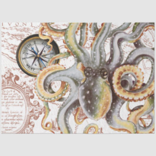 Papier Mousseline Octopus Burange Orange Vintage Carte Compass Nauti
