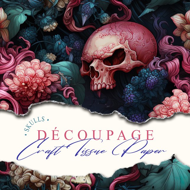 Papier Mousseline Octopus rose et Turquoise Tentacles Skull Ocean (Colourful and yet macabre, gothic underwater skulls with floral accents. Perfect for crafting.)