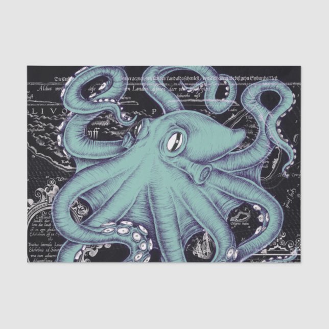 Papier Mousseline Octopus Teal vintage map (Recto)