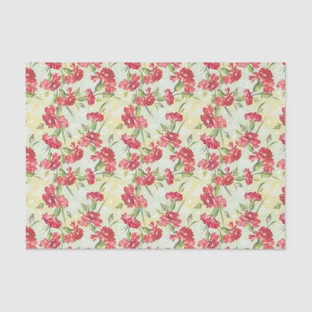 Papier Mousseline Oeillets rouges sur le vert avec des papillons (Recto)