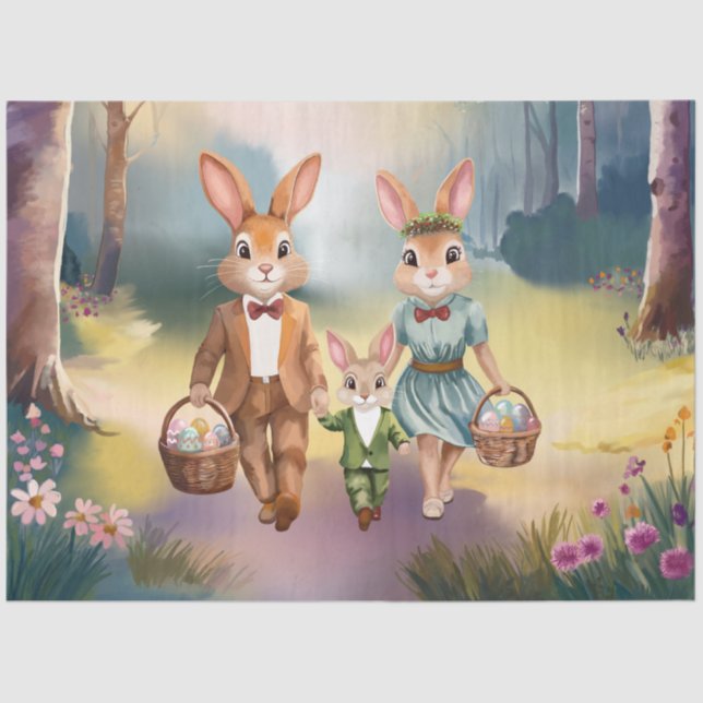 Papier Mousseline Oeufs de chasse de la famille de lapin de Pâques - (Recto)