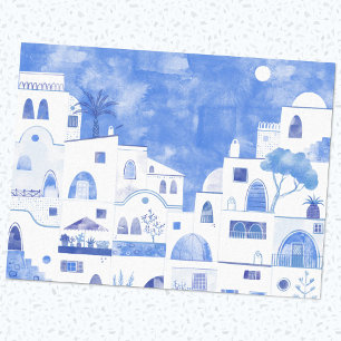 Papier Mousseline Oia Santorini Grèce Aquarelle Ville Peinture