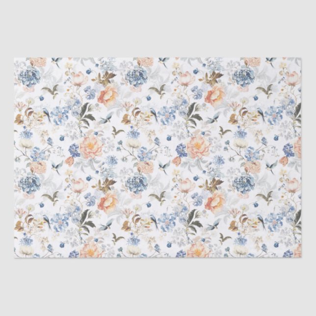 Papier Mousseline Oiseau bleu blush pêche pâle  (Recto)