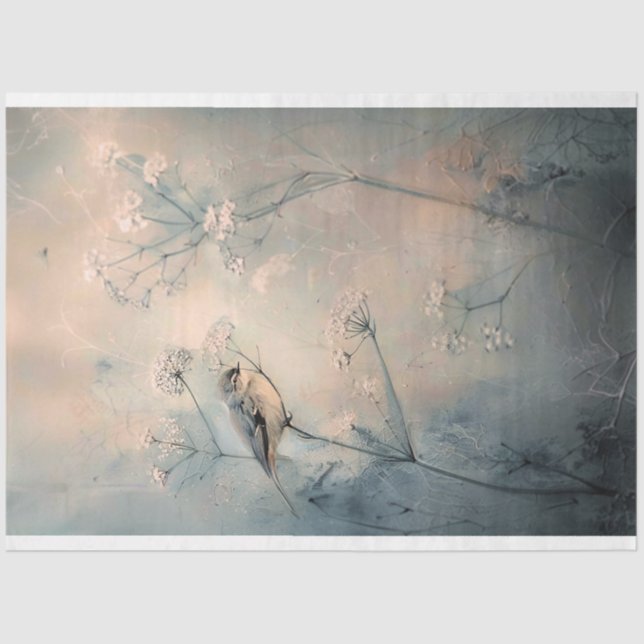 Papier Mousseline Oiseau Bleu & Botanique Romantique Éthéré (Recto)