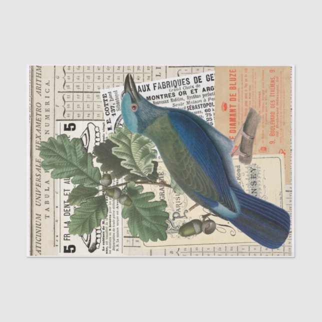 Papier Mousseline Oiseau Bleu | Découpage Éphémère de Chêne Collage  (Recto)