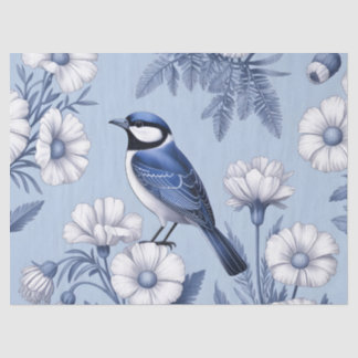 Papier Mousseline Oiseau bleu élégant et motif floral blanc
