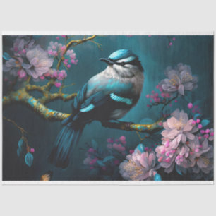 Papier Mousseline Oiseau bleu mer foncé Chinoiserie Cerisiers en fle