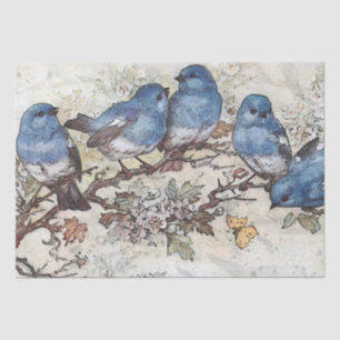 Papier Mousseline Oiseau bleu sur branche Papillon Découpage vintage