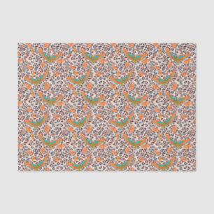 Papier Mousseline Oiseau du Paradis, peau de léopard, Corail et turq