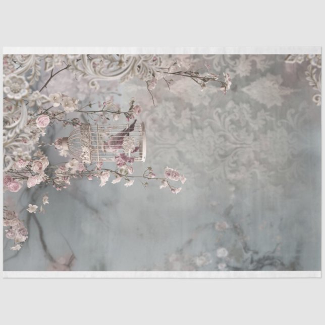 Papier Mousseline Oiseau et cage à oiseaux, Imaginaire floral chic S (Recto)