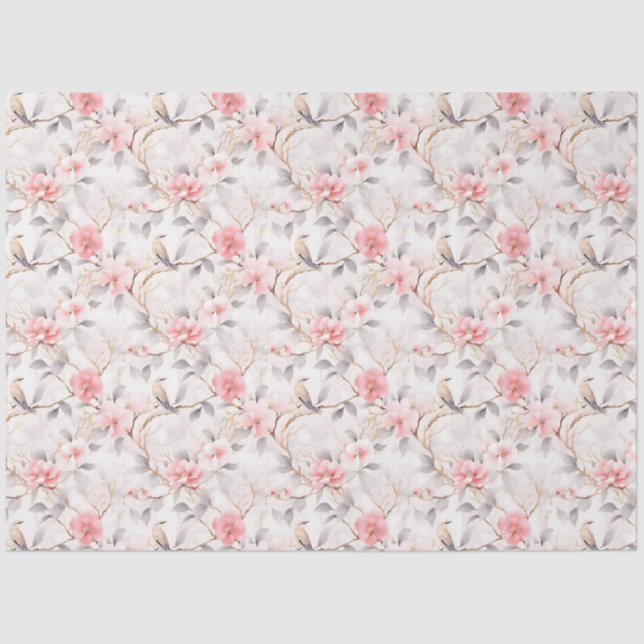 Papier Mousseline Oiseau floral asiatique rose pastel (Recto)