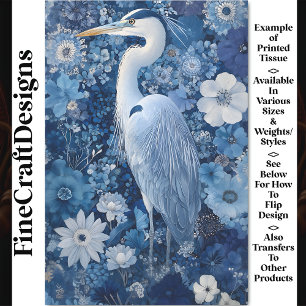Papier Mousseline Oiseau Hérons Fantastiques Avec Fleurs Bleues BV5
