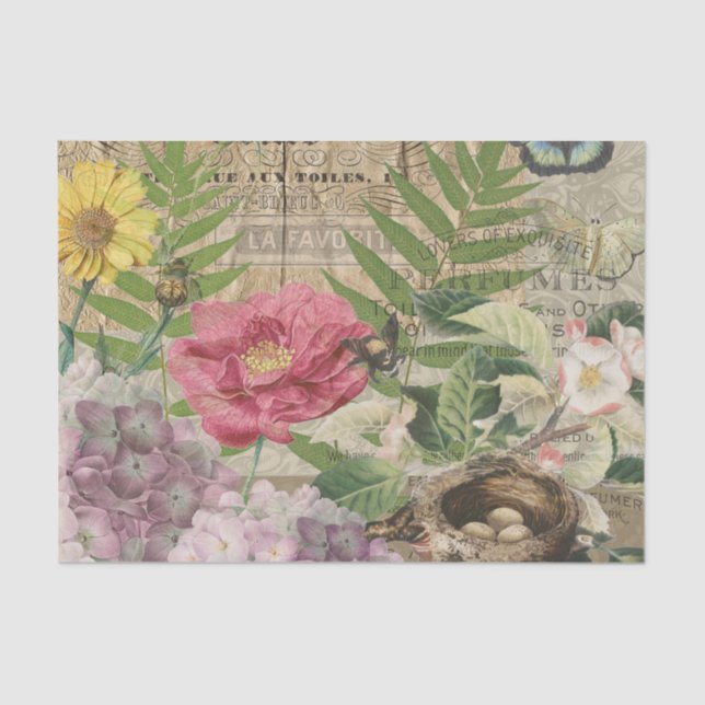 Papier Mousseline Oiseau Nid Floral Jardin Fleur Papillon Art (Recto)