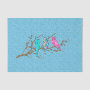 Papier Mousseline Oiseaux appliqués sur une branche, Sky Blue Multi