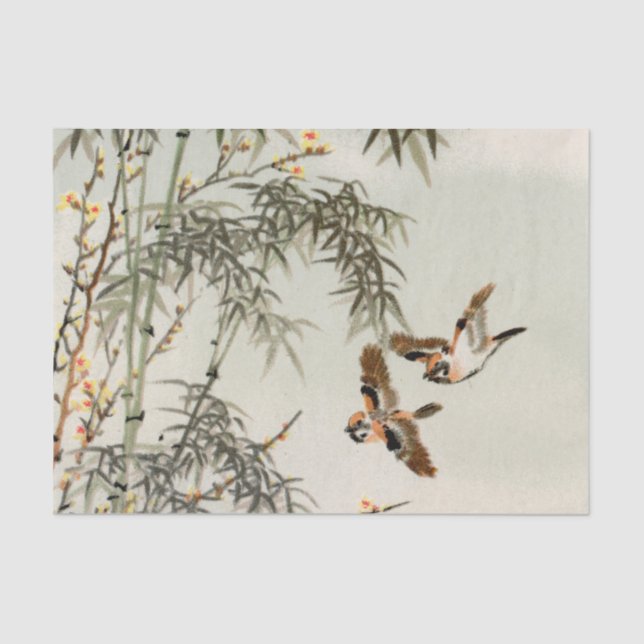 Papier Mousseline Oiseaux Bambou Asiatique Japonais Vintage (Recto)
