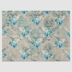 Papier Mousseline Oiseaux blancs, fleurs bleues et feuilletons