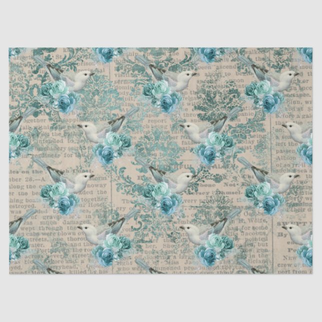 Papier Mousseline Oiseaux blancs, fleurs bleues et feuilletons (Recto)
